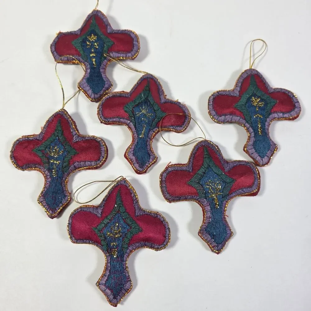 Pier 1 Embroided Fabric Christmas Tree Ornaments Lot Of 6 Vintage Holiday
